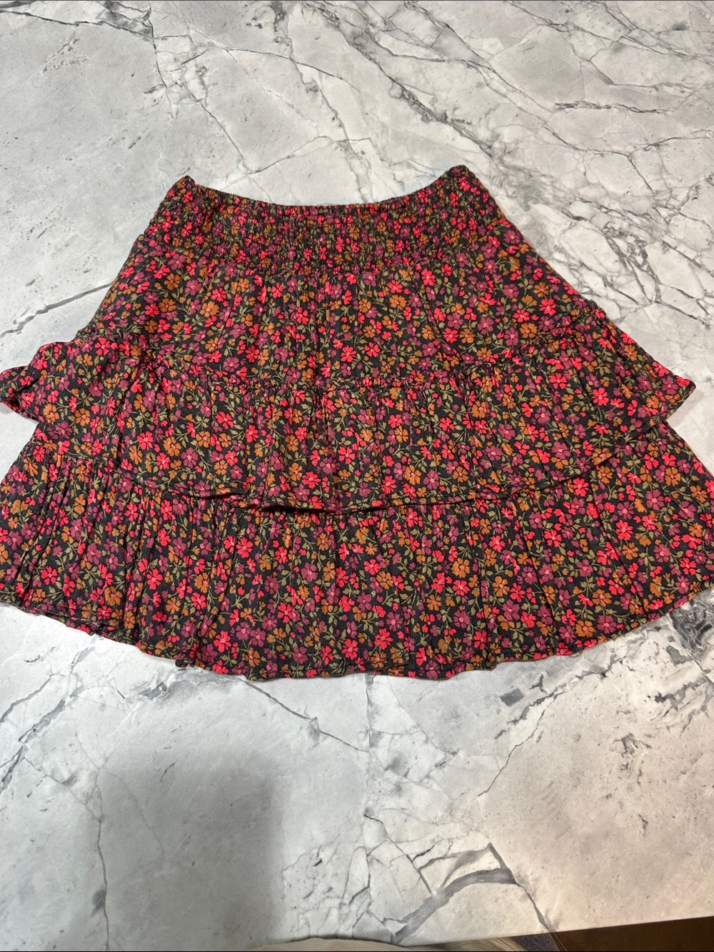 American Eagle Outfitters Floral Tiered Skirt, Black with Pink & Orange Flowers